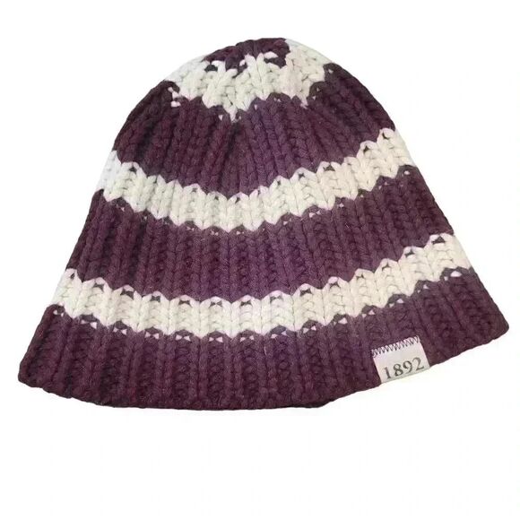 1892 Unisex Maroon/White Striped Cotton/Nylon/Wool Knit Beanie with Logo Patch - Picture 1 of 6
